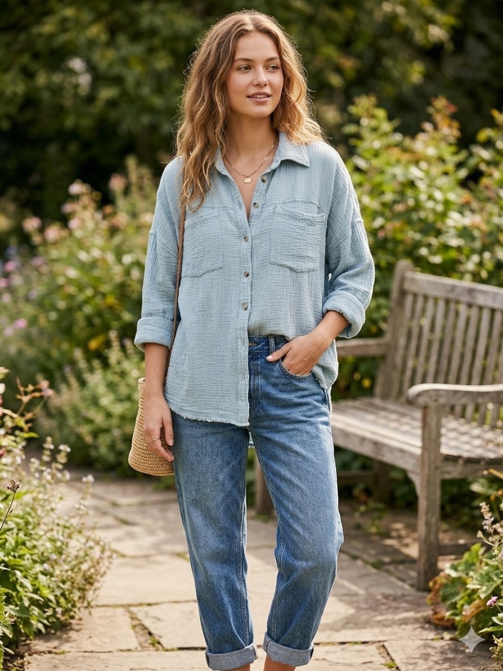 We The Free Light Blue Button-Down Thermal like Gauze Shirt